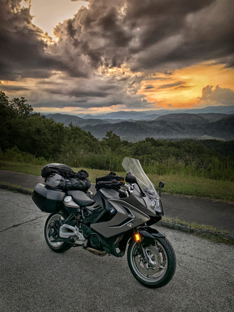 BMW F800GT sport touring motorcycle foothills sunrise great smoky mountains national park photograph image