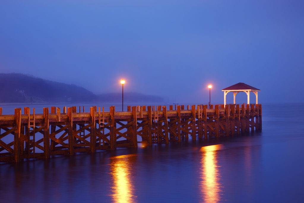 village dock on Northport harbor Long Island ny before dawn blue hour photograph image picture