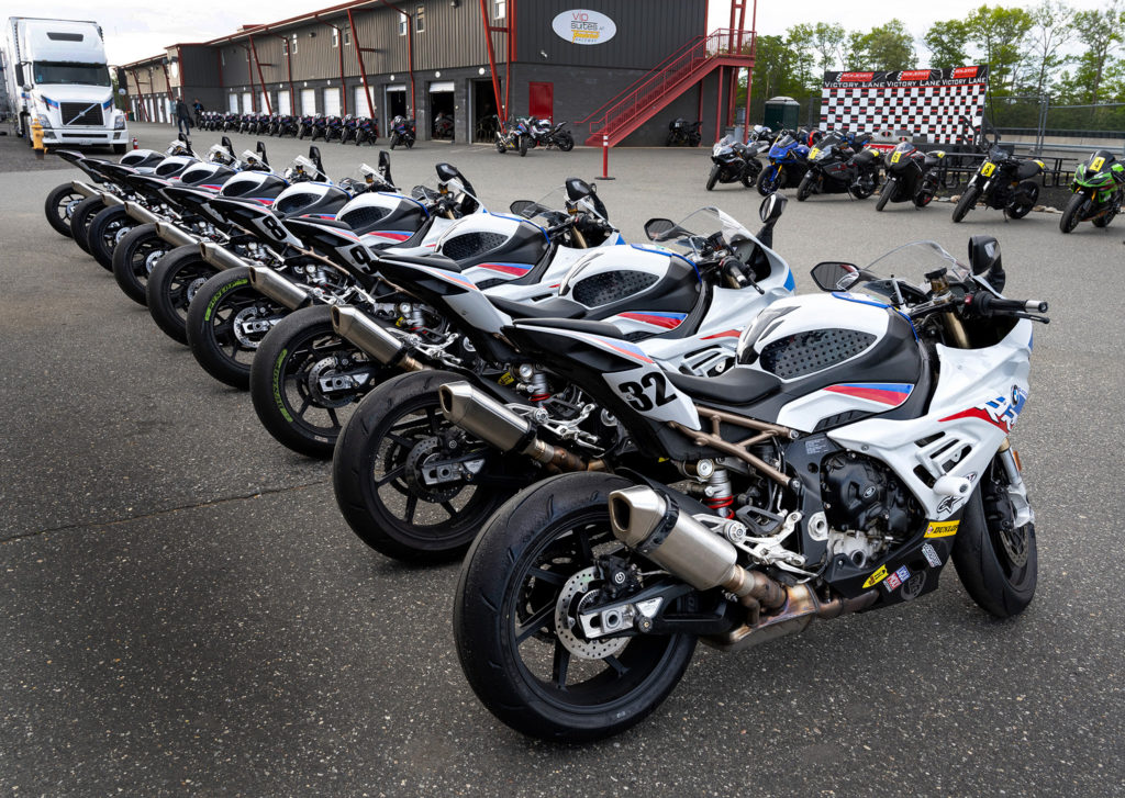 BMW S1000RR motorcycles lined up for California Superbike School