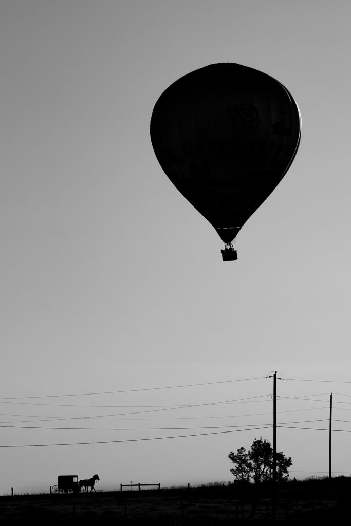 hot air balloon amish buggy photograph image black and white Pennsylvania tour and travel motorcycle pics