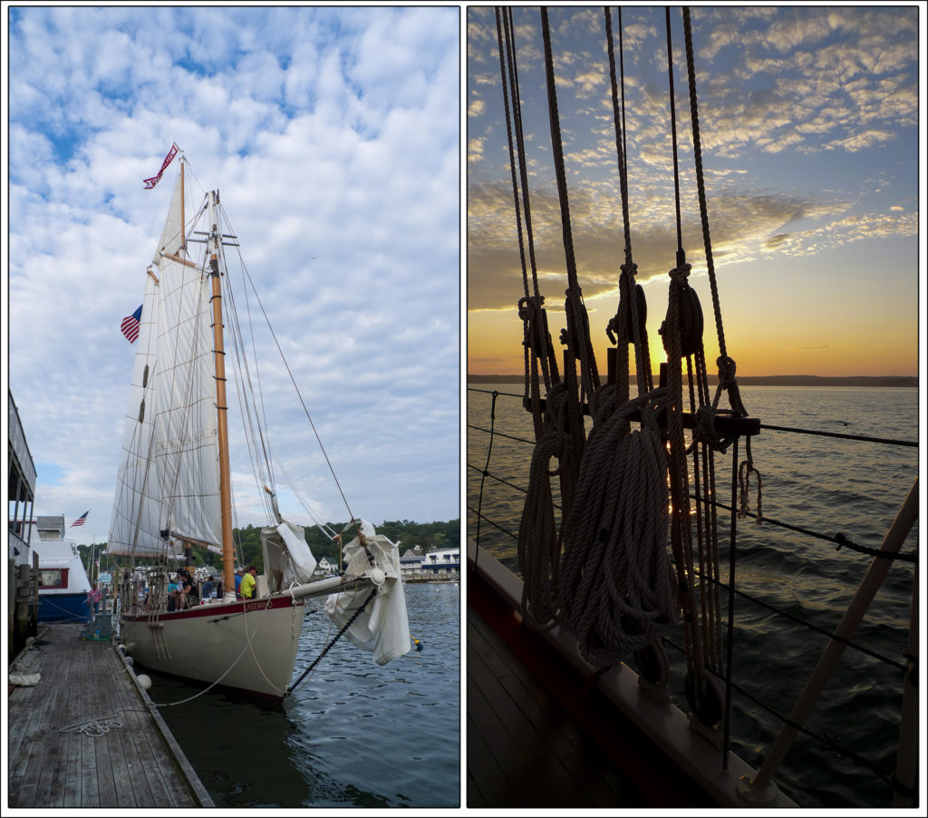 The schooner Eastwind sails out of Boothbay Harbor Maine sunset adventure for vacation travelers