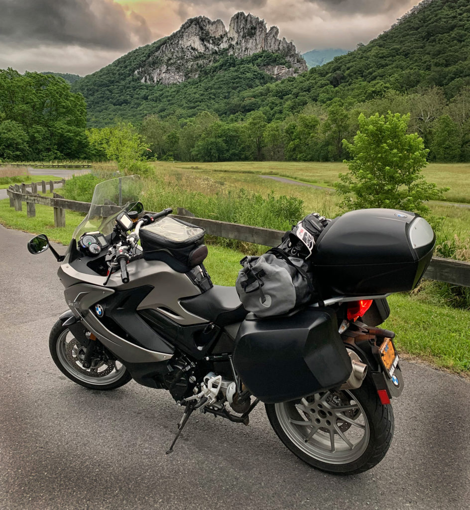 BMW F800 at Seneca Rocks West Virginia fully loaded for long distance riding adventure